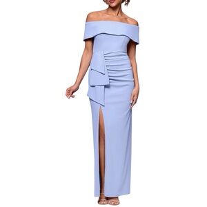 Xscape Off The Shoulder Gown Scuba Crepe Ruched Slit Cocktail Dress Blue Size 12